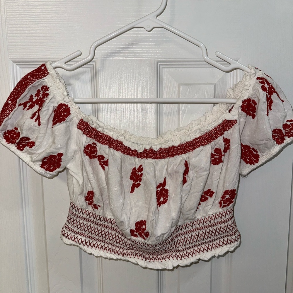 Forever 21 Red Floral Smocked Blouse